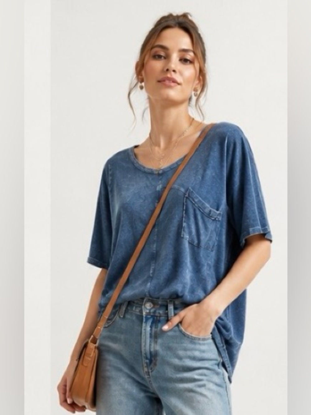 ERI + ALI Chambray Top Oversized Blue Boho Slub Blouse Tee Shirt Small